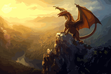 3  A majestic dragon perched on a cliff overlooking a misty valley, medium digital painting, a style reminiscent of classic fantasy illustrations, lighting soft dawn light with shadow