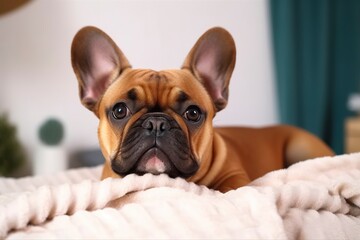 Cute French bulldog in a bedroom, closeup. 
