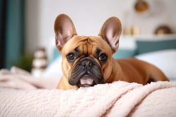 Cute French bulldog in a bedroom, closeup. 