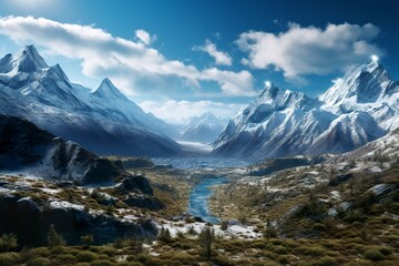 Fototapeta na wymiar The beauty of a majestic and snow capped mountain range, with rugged peaks, AI Generative