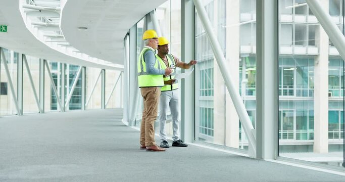 Teamwork, planning architect and men with blueprint for construction, design and point at building. Collaboration, engineer and contractor people with drawing, illustration or sketch for discussion