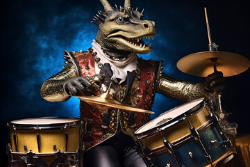 In the style of a fashion shoot, a photo of an anthropomorphic iguana on drums