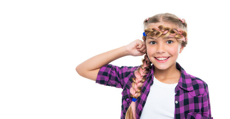 teen girl has braided hair. hair braid hairstyle. happy teen girl showing hair braiding. Girl with stylish braided hair. Fashionable braids adorn the girl hairstyle. copy space banner