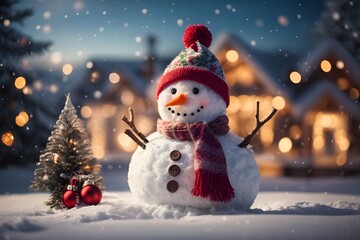Obraz premium Panoramic view, happy snowman, lights, Christmas tree