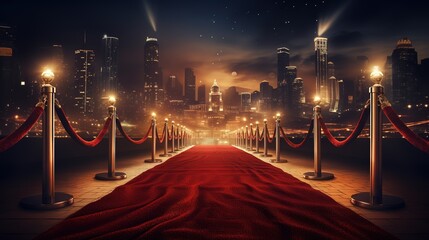 Red carpet rolling out in front of glamorous movie premiere background, Generative AI - obrazy, fototapety, plakaty