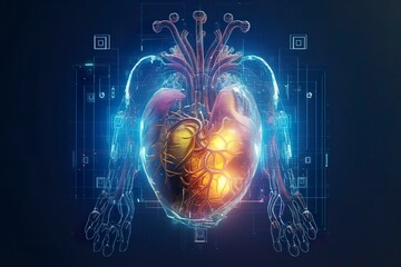 A GUI hologram of a futuristic human heart, holographic sci-fi interface, data lines, scales, and charts, cinematic - obrazy, fototapety, plakaty