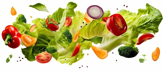 Falling vegetables, salad of bell pepper, tomato, and lettuce leaves.