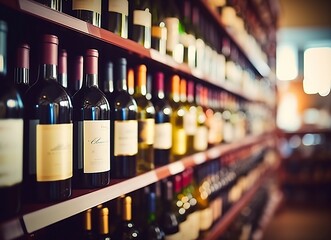Abstract blur wine bottles on liquor alcohol shelves in supermarket store background.  - obrazy, fototapety, plakaty