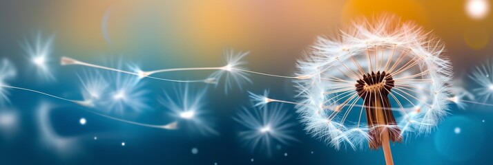Abstract blurred nature background dandelion seeds parachute. Bokeh pattern.  - obrazy, fototapety, plakaty