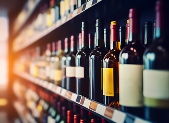 Abstract blur wine bottles on liquor alcohol shelves in supermarket store background.  - obrazy, fototapety, plakaty