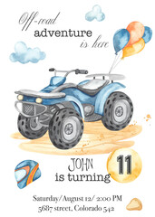 Watercolor premade card with quad bike, off-road, landscape, off-road adventure, boy's birthday