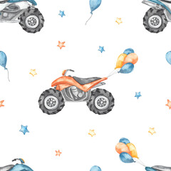 Watercolor seamless pattern with quad bike, balloons, stars, childish print