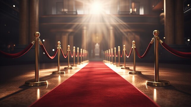 Red carpet rolling out in front of glamorous movie premiere background, Generative AI