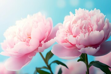 Beautiful pink large flowers peonies on a light blue turquoise background. Generative AI