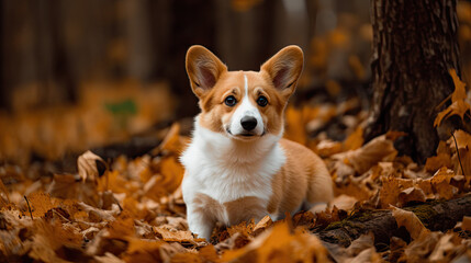 welsh corgi puppy in autumn leaves background
