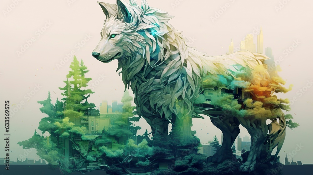 Wall mural Fantasy animal, double exposure of fantasy world with green trees. 