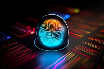 Fingerprint Authentication Button. Biometric Security. Identification and cyber security concept. Glowing neon fingerprint on dark background.  - obrazy, fototapety, plakaty