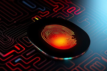 Fingerprint Authentication Button. Biometric Security. Identification and cyber security concept. Glowing neon fingerprint on dark background. 