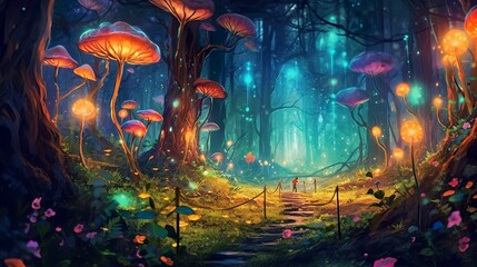Naklejka premium Background fairy wood with a single path, zoom on a small portion of the path and add trees, moss, fireflies and mushrooms as additional decorations. 