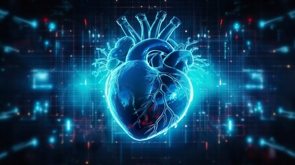 Human heart with cardiogram for medical heart health care background, 
