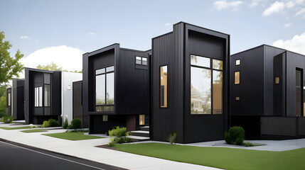 Modern modular private black townhouses. Residential architecture exterior.