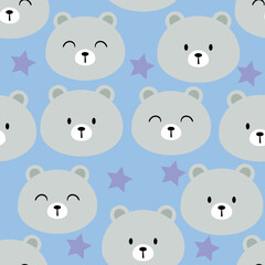 Cute bear pattern, with stars, smile bright face cartoon seamless background, vector illustration, wallpaper, textile, bag, garment, fashion design

