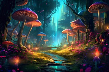 the forest is lit up with mushrooms and flowers, in the style of realistic fantasy artwork, fantastical street, dark emerald and light cyan, AI Generative