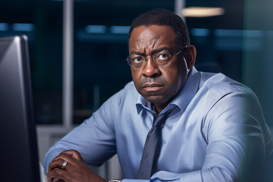 African-American man in office with a lot of papers to work. Deadline concept.