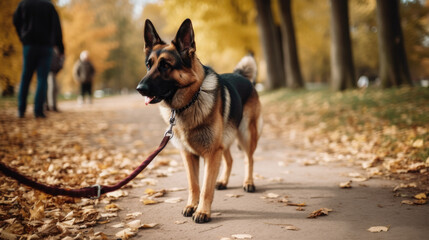 Well trained German Shepherd walking on loose leash in the park