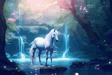 Obraz na płótnie Canvas 1 A serene unicorn by a magical waterfall, medium digital art, style ethereal and dreamlike, lighting gentle moonlight with sparkling reflections, colors pastel blues and whites,