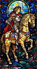 Obraz na płótnie Canvas A Knight in Shining Armor. An Illustration of a Mythical Ancient Paladin in Stained Glass Renaissance Fresco Style. AI Generative