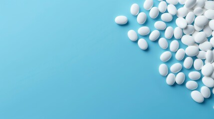 Top view white medicine tablets antibiotic pills on a soft blue background, copy space, Pharmacy theme, AI Generative - obrazy, fototapety, plakaty