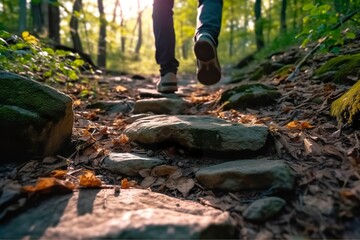 Obraz premium Close up a person's feet walking on rocks, Walking on a trail in the woods, Travel Concept. AI Generative