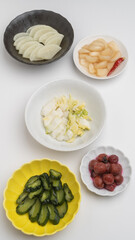 日本の漬け物イメージ｜大根・胡瓜・白菜・らっきょう・梅干し