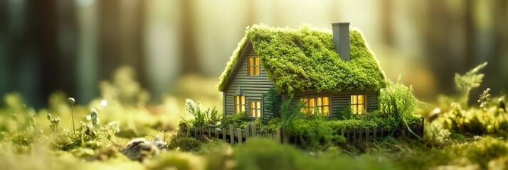 Eco house. Green and environmentally friendly housing concept. Miniature wooden house in spring grass, moss and ferns on a sunny day. AI Generative - obrazy, fototapety, plakaty