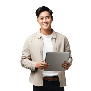 Young handsome asian man happy face smiling use tablet 