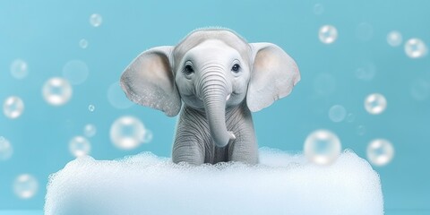 Minimalist Albino Elephant in a Bathtub of Soap Bubbles Against a Cyan Background.