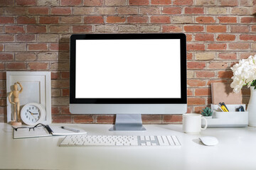 Fototapeta premium Workspace desk and computer. copy space and blank screen. Business image, Blank screen computer and supplies.