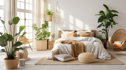 Scandinavian style modern bedroom interior and flowerpot