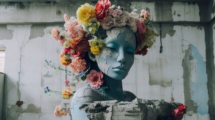 Real flowers cover a sculpture in a concrete building, a sculpture inspired, pastel accent colors, hip hop sculpture, 