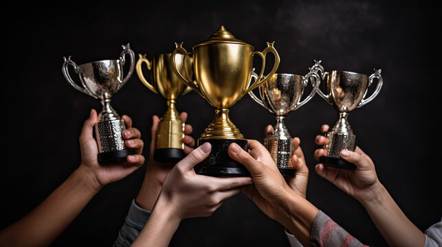 winners holding champion golden silver and bronze on black background