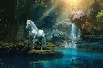 Obraz na płótnie Canvas 3 A serene unicorn by a magical waterfall, medium digital art, style ethereal and dreamlike, lighting gentle moonlight with sparkling reflections, colors pastel blues and whites,