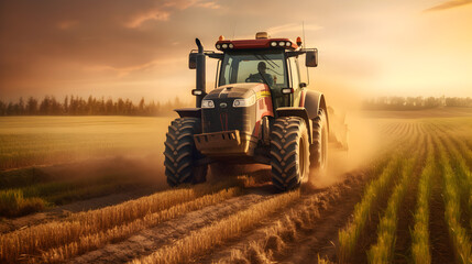 Naklejka premium agriculture tractor background at sunset