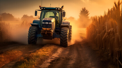 Fototapeta premium agriculture tractor background at sunset