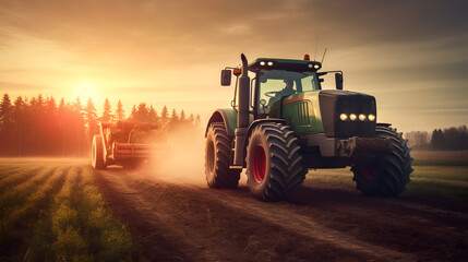 Naklejka premium agriculture tractor background at sunset