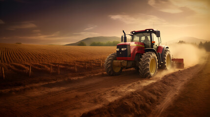 Obraz premium agriculture tractor background at sunset