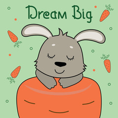 Bright postcard for kids with cute rabbit on a carrot and elements on a green background