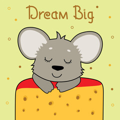 Bright postcard for kids with cute mouse on a piece of cheese and elements on a yellow background