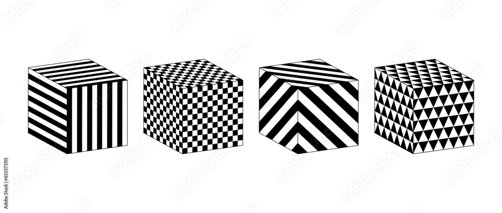 Poster Collection of cubes with different patterns. Striped and checkered 3d squares set. Black and white geometric cubic elements for design templates, icons, logo. Abstract vector perspective box pack. 