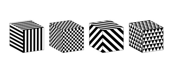 Collection of cubes with different patterns. Striped and checkered 3d squares set. Black and white geometric cubic elements for design templates, icons, logo. Abstract vector perspective box pack. 